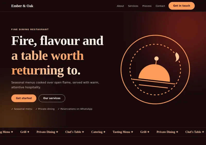 Concept design preview for Ember & Oak, a fine dining restaurant