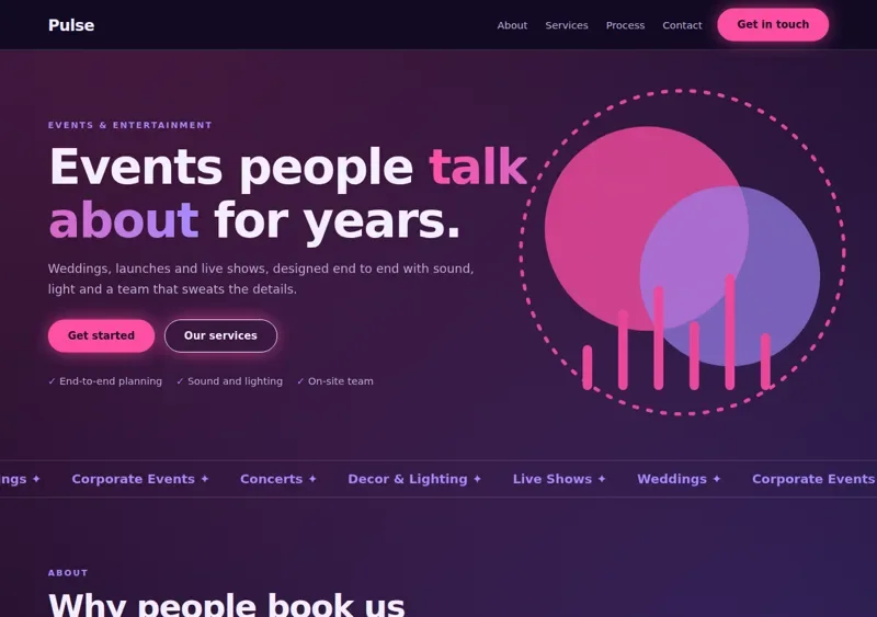 Concept design preview for Pulse, a events & entertainment